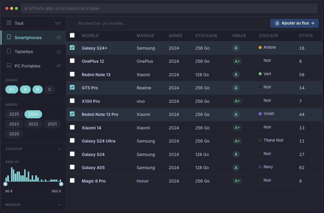 Interface catalogue QBP Solutions avec filtres et stocks